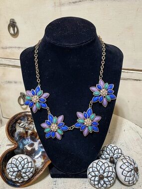 Floral Multi-Color Statement Necklace - Blue, Purple & Teal